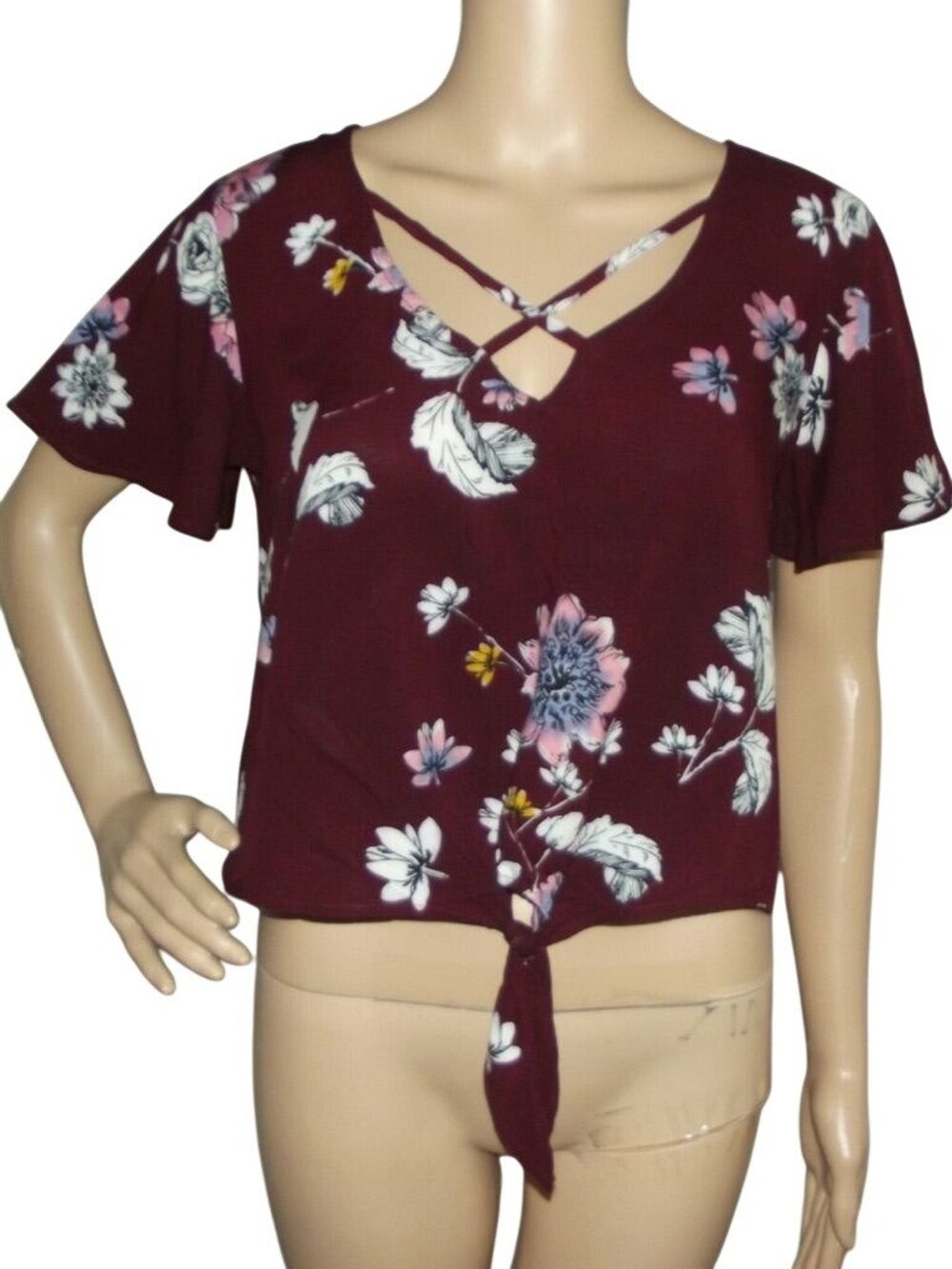 MUDD Blouse Womens Junior Small maroon floral crop tie front v-neck short sleeve